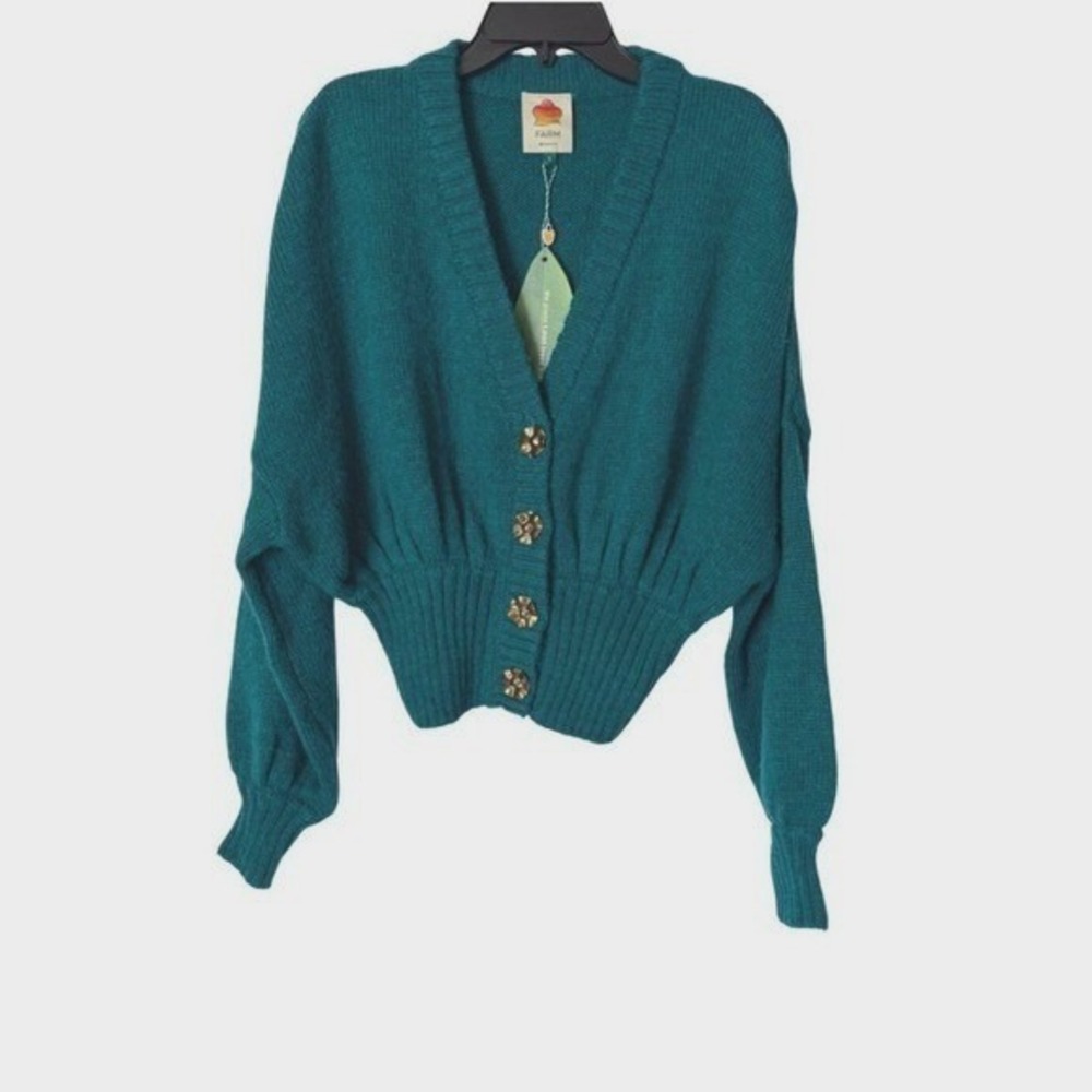 Farm Rio Cardigan Women S Teal Mohair Blend Cropped Lantern Sleeve Gold Buttons